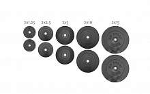 67 кг (2х1.25, 2х2.5, 2x5, 2х10 и 2x15) дисков, покрытых пластиком (31 мм)