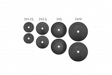 37 кг (2х1.25, 2х2.5, 2x5 и 2x10) дисков, покрытых пластиком (31 мм)